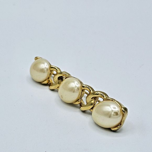 Faux Pearl Bar Brooch Vintage Gold Tone Links Elegant Statement Jewelry Pin - Picture 3 of 8